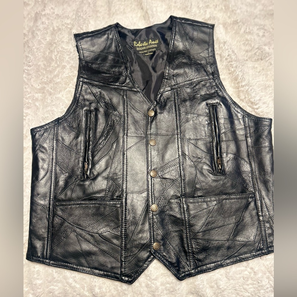Roberto Amee‎ Leather Vest Mens Large Black Patchwork Pigskin Biker Western L